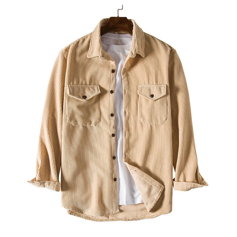 Men's Casual Solid Color Corduroy Long Sleeve Double Breast Pocket Shirt 36464092Y