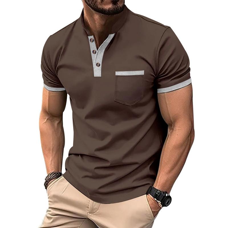 Men's Colorblock Henley Collar Chest Pocket Short Sleeve T-shirt 20900398Z