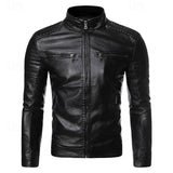 Men's Casual Stand Collar Zippered Chest Pocket Motorcycle Leather Jacket 46350057Y