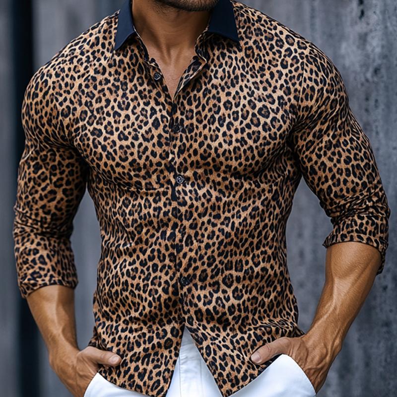 Men's Vintage Leopard Print Long Sleeve Shirt 62007275U