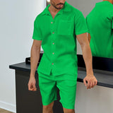 Men's Solid Color Short Sleeve Shirt Shorts Set 59731235Y