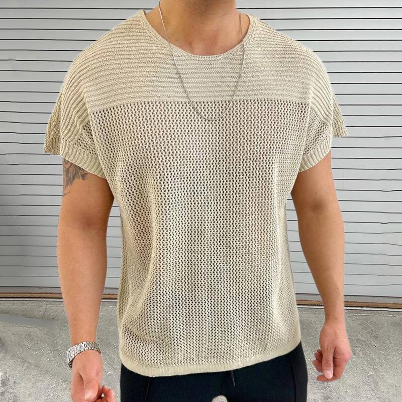Men's Solid Hollow Out Knit Round Neck Short Sleeve T-shirt 40196779Z
