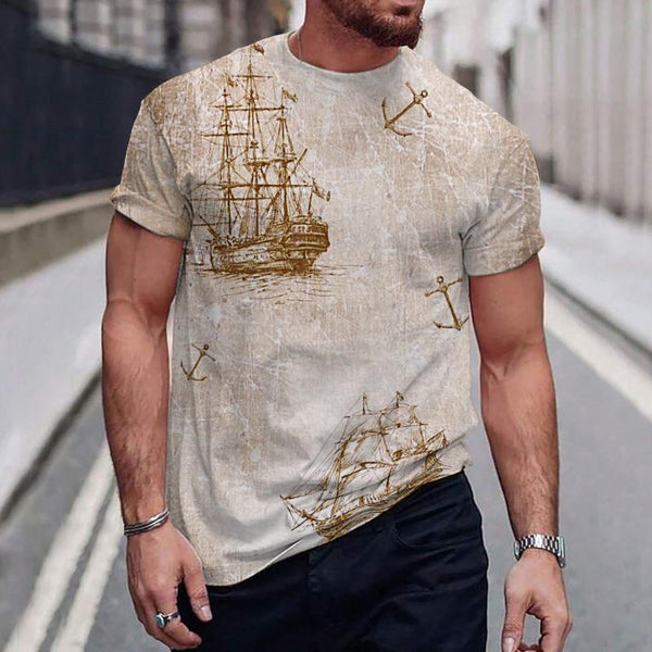 Men's Distressed Sailing Anchor Crew Neck T-Shirt 19522412TO