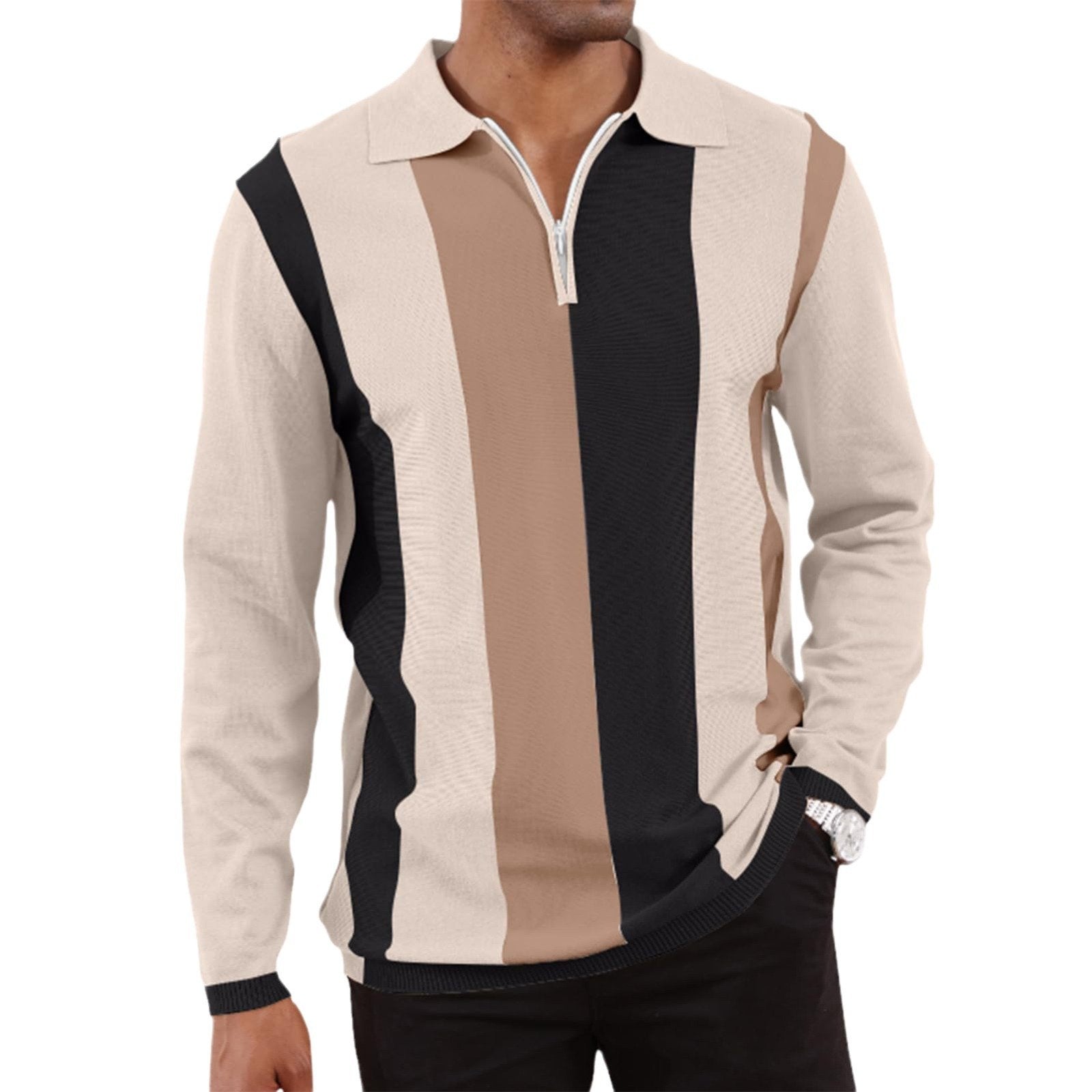 Men's Striped Lapel Long Sleeve Polo Shirt 60333407Z