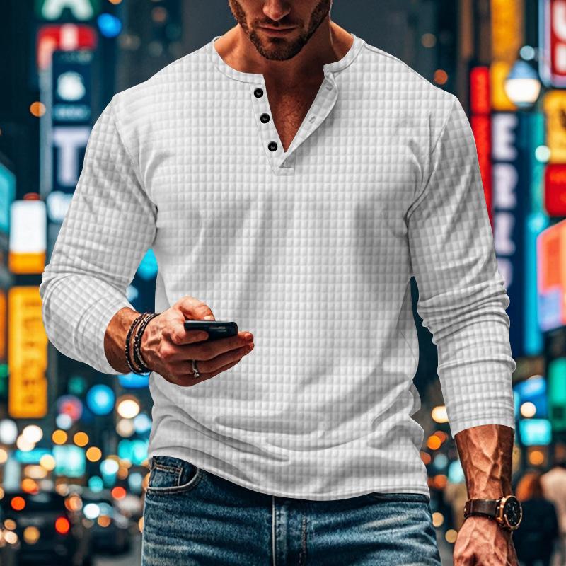 Men's Solid Waffle Button-Down Crew Neck Long Sleeve T-Shirt 40989009Y