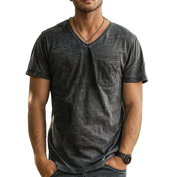 Men's Casual Breathable Cotton V-Neck Patch Pocket Short Sleeve T-Shirt 77610281M