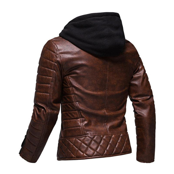 Men's Solid Color Quilted Cotton Removable Hat Leather Jacket 65740420Y