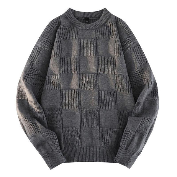 Men's Casual Solid Color Round Neck Plaid Texture Knitted Pullover Sweater 53899454M
