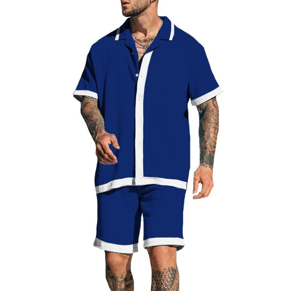 Men's Retro Simple Color-blocked Lapel Short-sleeved Two-piece Set 44460387TO