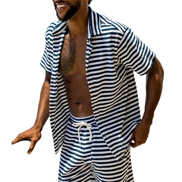 Men's Striped Print Short Sleeve Shirt Shorts Set 60949567Y