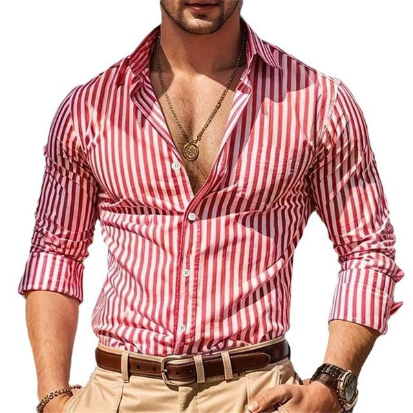 Men's Striped Printed Shirt Lapel Long Sleeve Shirt 85346344X