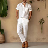 Men's Solid Color Linen Lapel Short Sleeve Shirt Trousers Set 40867737Z