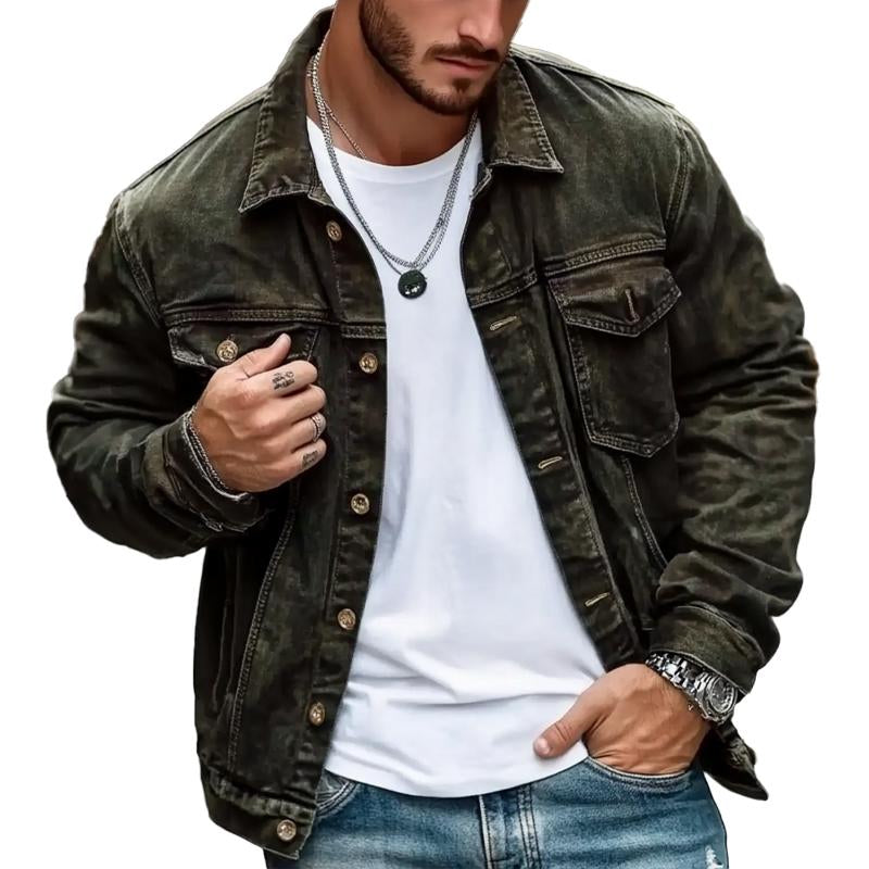 Men's Solid Vintage Lapel Button Denim Jacket 39293473X