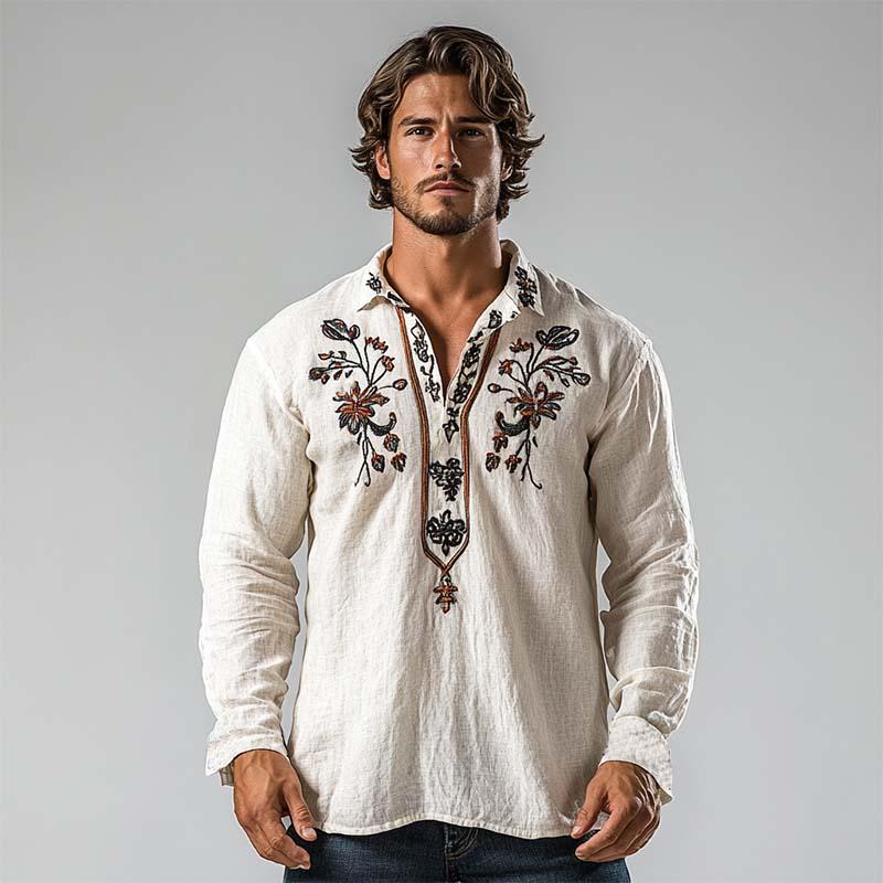 Men's Classic Vintage V-Neck Embroidered Linen Long Sleeve Shirt 41767089K