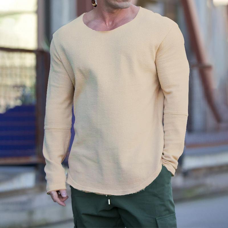 Men's Casual Retro Solid Color Round Neck Long Sleeve T-shirt 04451010TO