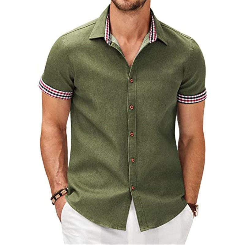 Men's Casual Check Print Stitching Lapel Short Sleeve Shirt 43927495Y