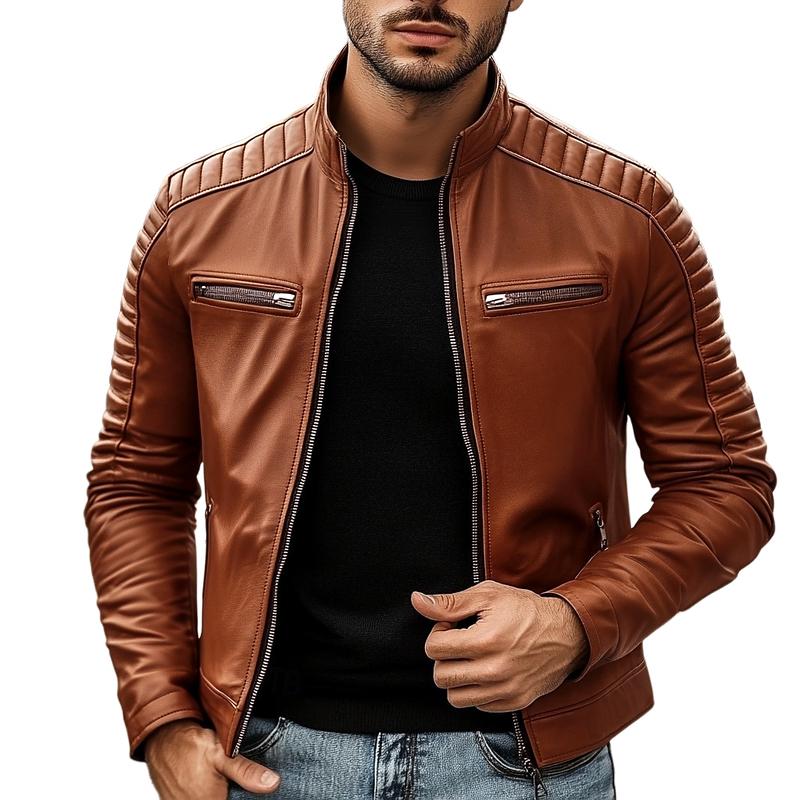 Men's Casual Stand Collar Zippered Chest Pocket Motorcycle Leather Jacket 46350057Y