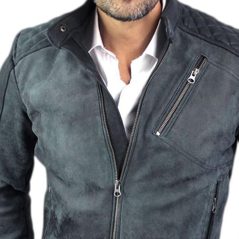 Men's Vintage Stand Collar Zip-Up Leather Jacket 20050701U