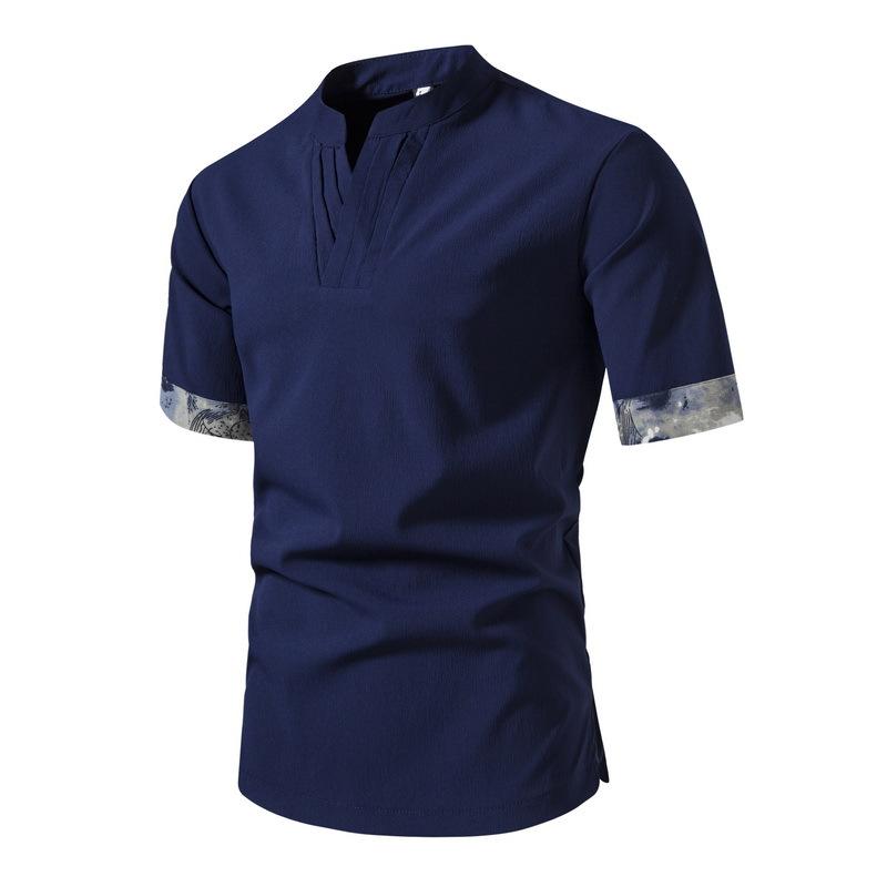 Men's Casual Short-sleeved Stand-up Collar Color Block Shirt 13181895X