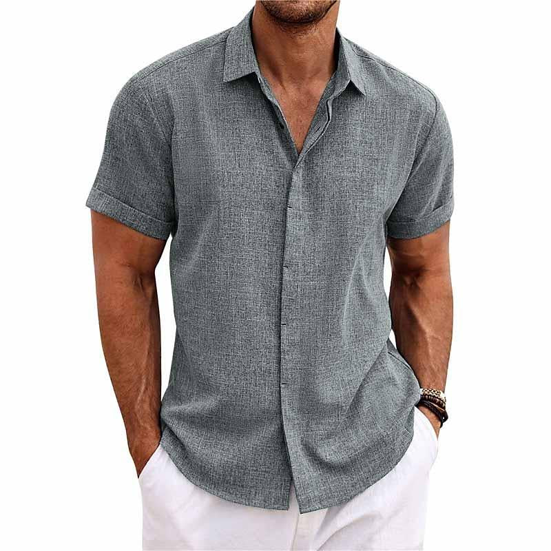 Chemise à manches courtes en coton et lin à revers de couleur unie pour hommes 82339241X