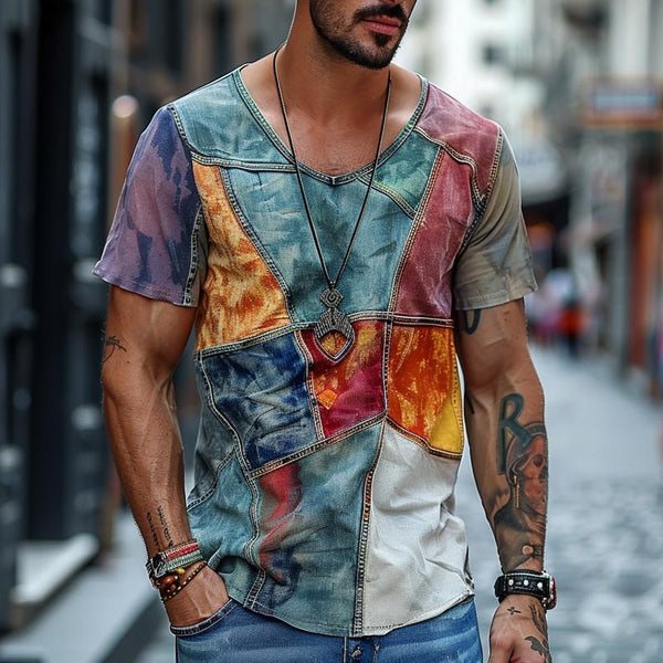 Men's Casual V-neck Color Block Printed Short-sleeved T-shirt 87945027M