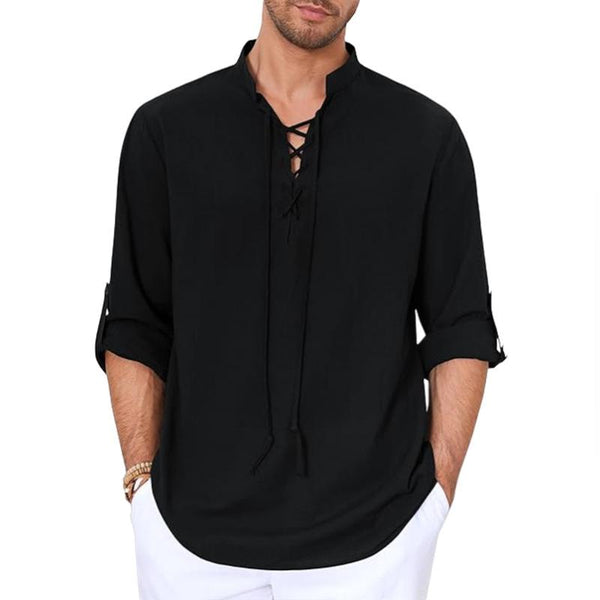 Men's Solid Color Cotton And Linen V-Neck Lace-Up Long-Sleeved Shirt 30415481Y