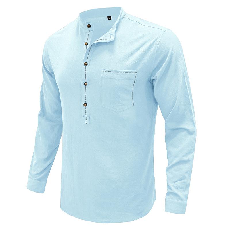 Men Casual Plain Cotton Henley Collar Breast Pocket Long Sleeve Shirt 32793027Y