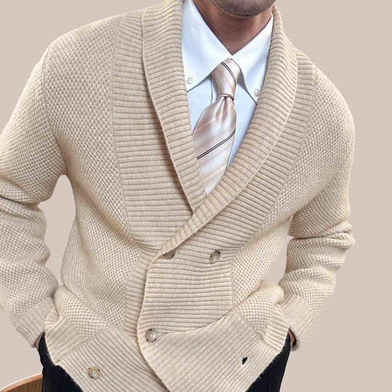 Men's Fashion Solid Color Knit Lapel Double Breasted Casual Cardigan 52300182Z