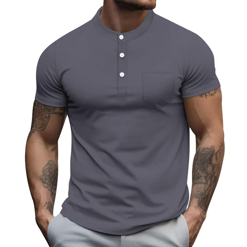 Men's Casual Solid Color Round Neck Button Down Short Sleeve Polo Shirt 49169531Y