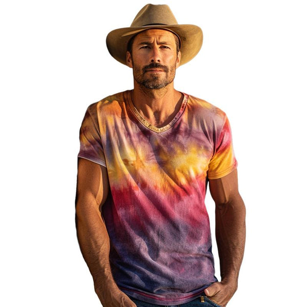 Men's Casual V-neck Tie-dye Printed Slim-fit Short-sleeved T-shirt 35261612M