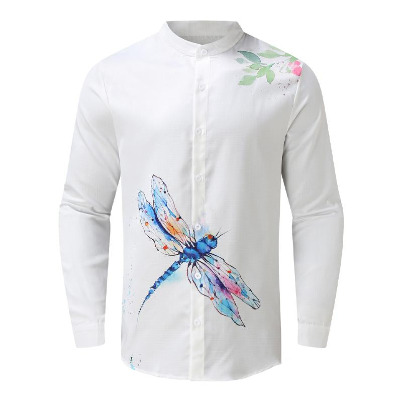 Men's Round Neck Cotton Linen Printed Long Sleeve Shirt 16456414X