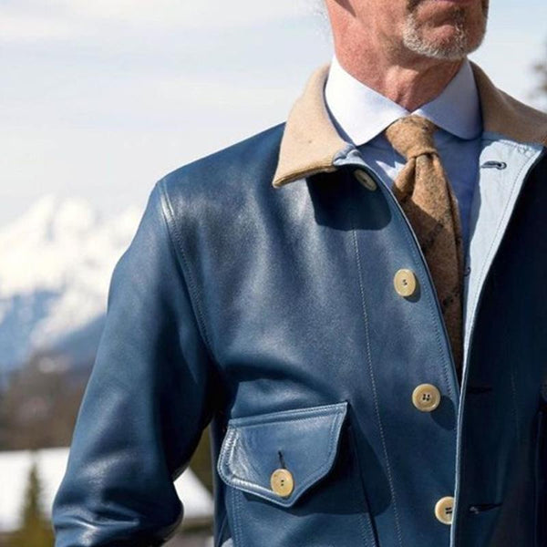 Men's Plain Lapel Color Block Leather Jacket 33494349X