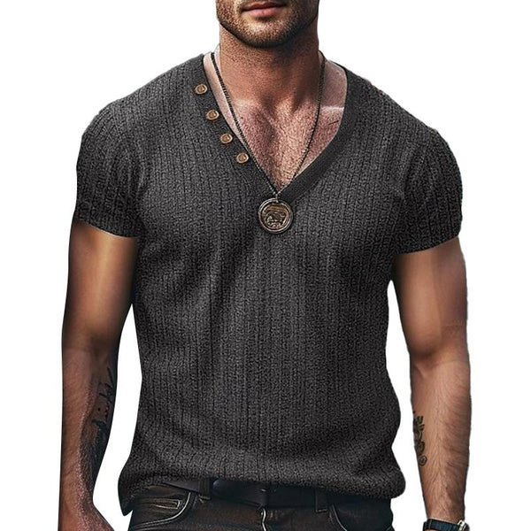 Men's Casual Solid Color Pit Article Fabrics V-Neck Short Sleeve T-Shirt 89136914Y