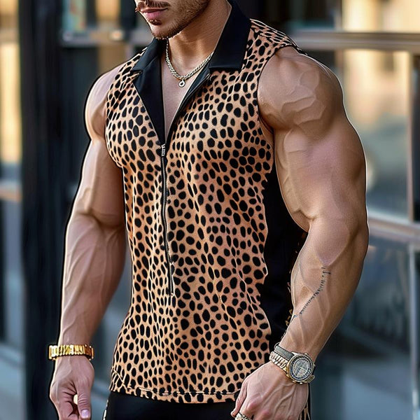 Men's Retro Leopard Color Block Lapel Zip Sleeveless Shirt 72692164M