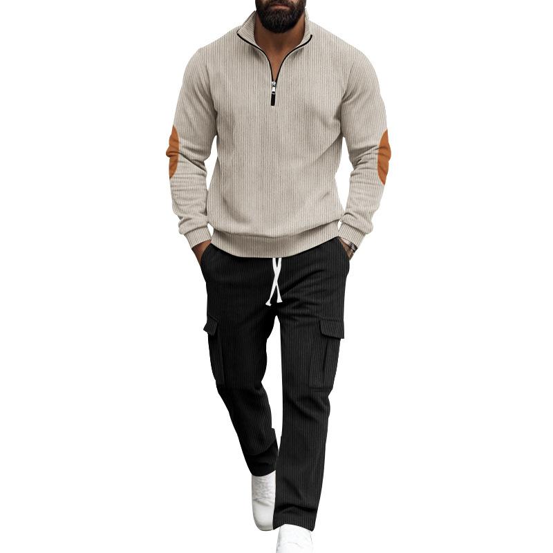 Men's Solid Corduroy Stand Collar Long Sleeve Sweatshirt Multi-pocket Pants Casual Set 64053951Z