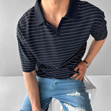 Men's Casual Retro Striped Lapel Short-sleeved T-shirt 39567195TO