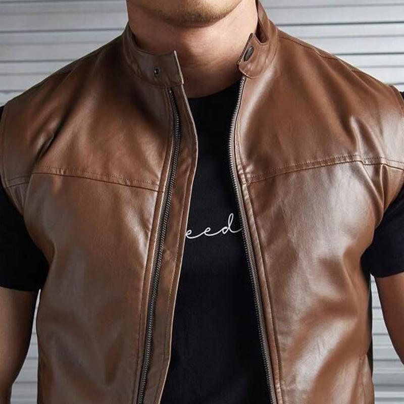 Men's Vintage Stand Collar Zipper Leather Vest 41873310U