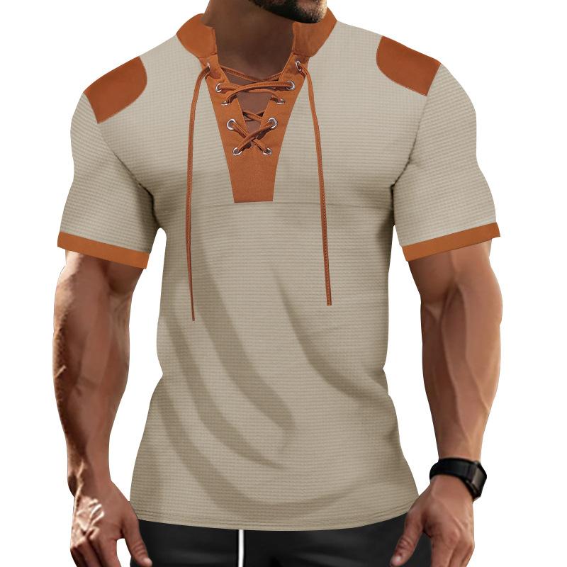 Men's Casual Colorblock Short-sleeved Lace-up T-shirt 22312986X