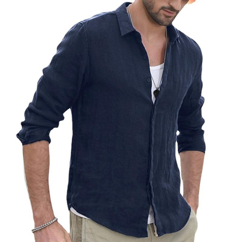 Chemise à manches longues classique décontractée en coton et lin de couleur unie pour hommes 74893540K