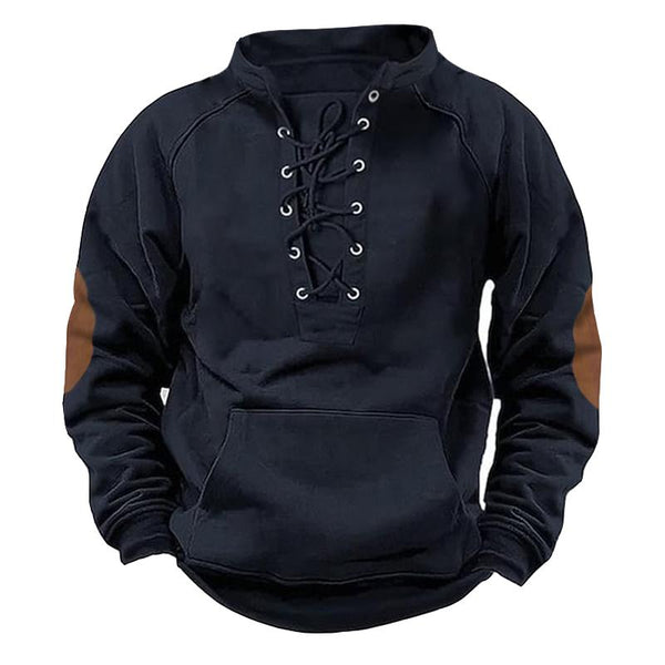 Men's Retro Casual Solid Color Stand Collar Drawstring Pocket Sweatshirt 18321178TO