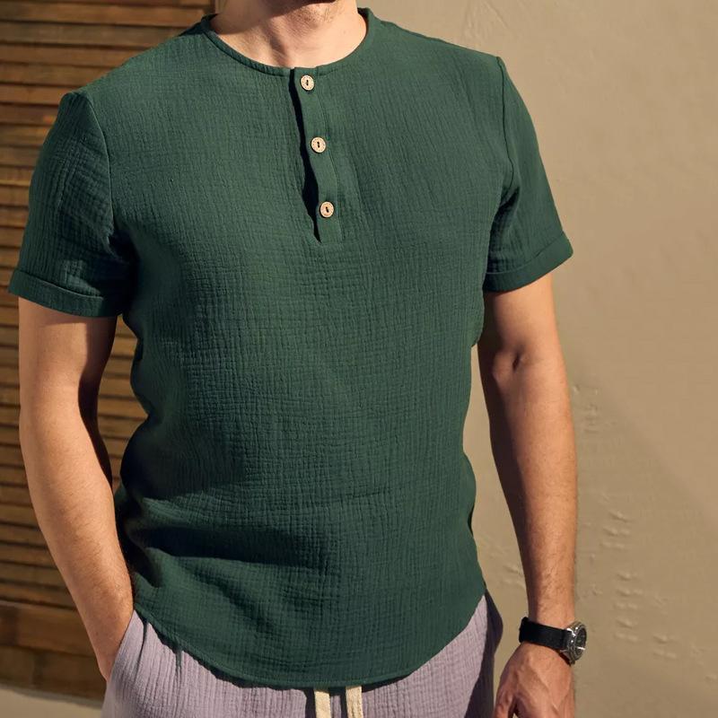 Men's Casual Cotton Linen Henley Collar Slim Fit Short Sleeve Shirt 52746329M