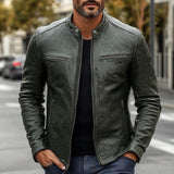 Men's Dark Green Vintage Zipper Leather Jacket 83993967U