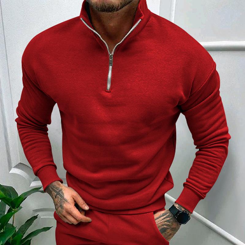 Men's Casual Plus Fleece Solid Color Long-sleeved Half-zipper POLO Sweater 69573408X
