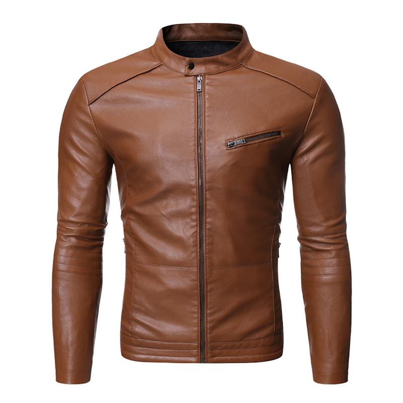 Men's Casual Solid Color Zipper Stand Collar Motorcycle Leather Jacket 91951708M