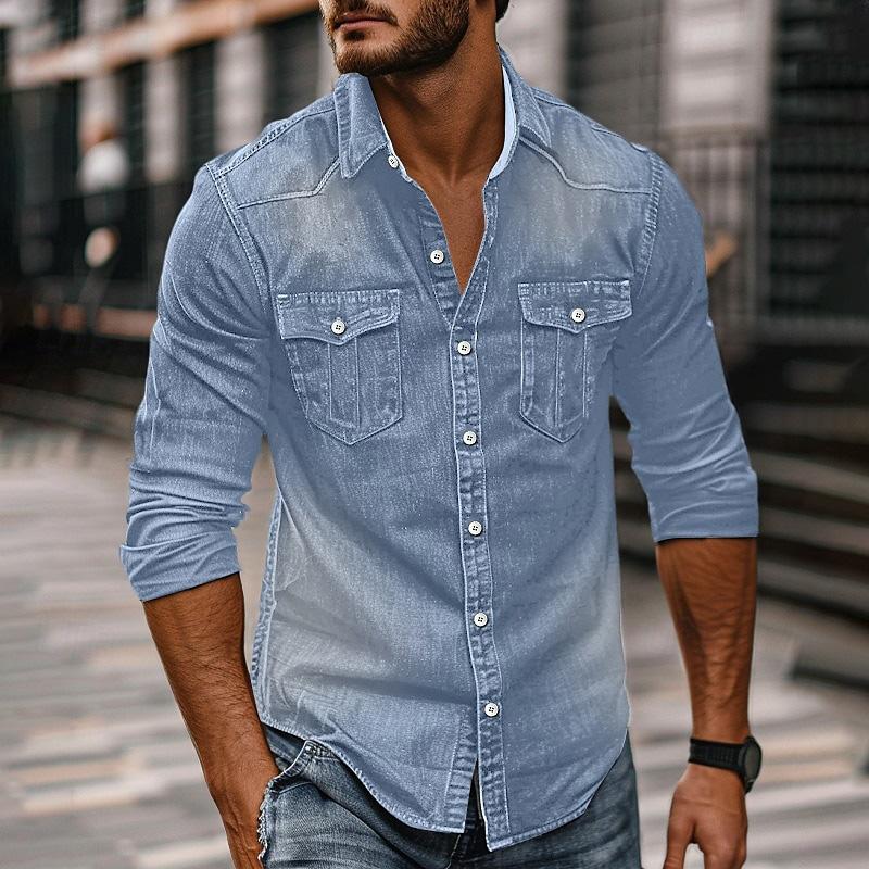 Herren Vintage Washed Distressed Denim Revers Hemd 89638435X