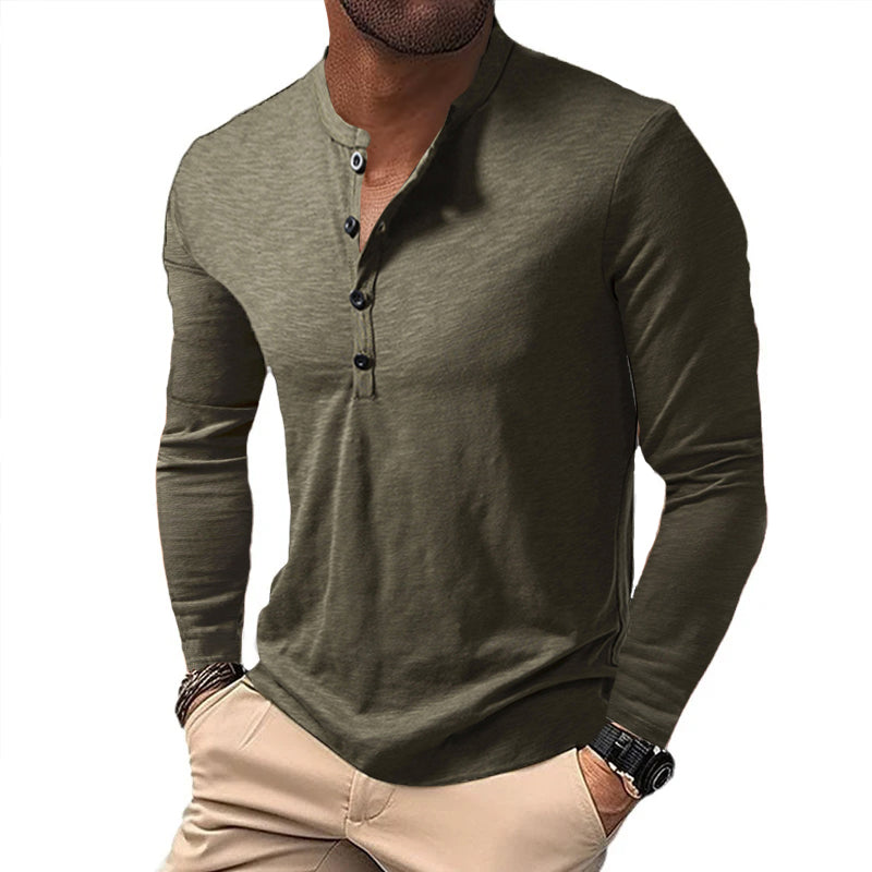 Uformelt Henley-krage, solid langermet T-skjorte for menn 22687327Y