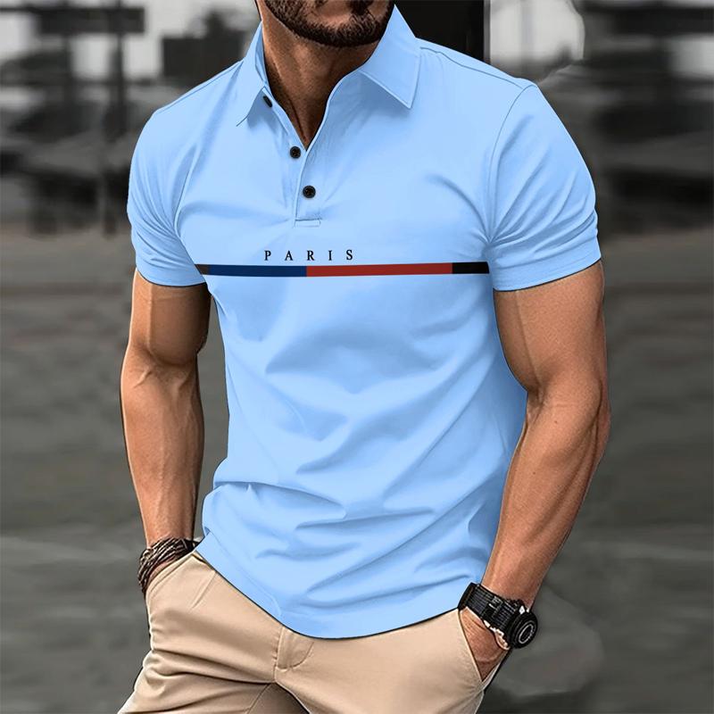 Men's Striped Letter Print Color Block Button-Up POLO Shirt 45321595X