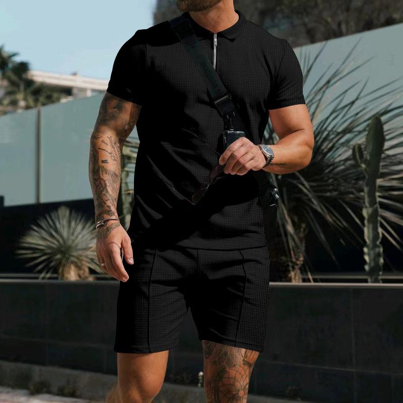 Men's Casual Waffle Solid Color Lapel Short Sleeve T-Shirt Shorts Set 42483174Y