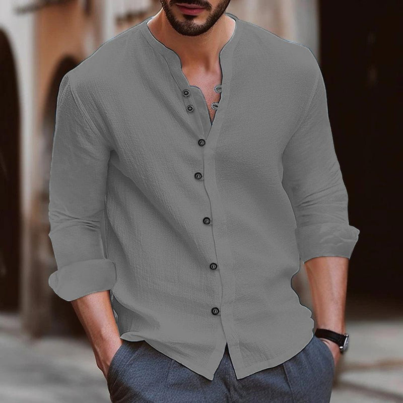 Men's Casual Cotton and Linen Solid Color Long Sleeve Shirt 26552389Y