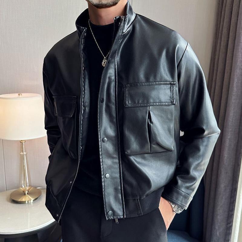 Men's Vintage Stand Collar Quilted Cotton Double Breast Pockets Warm Leather Jacket 61743602Y